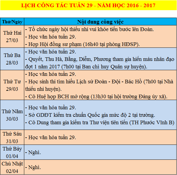 Lịch công tác Tuần 29 năm học 2016-2017