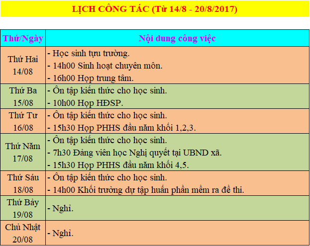 Lịch công tác từ 14-8 den 20-8